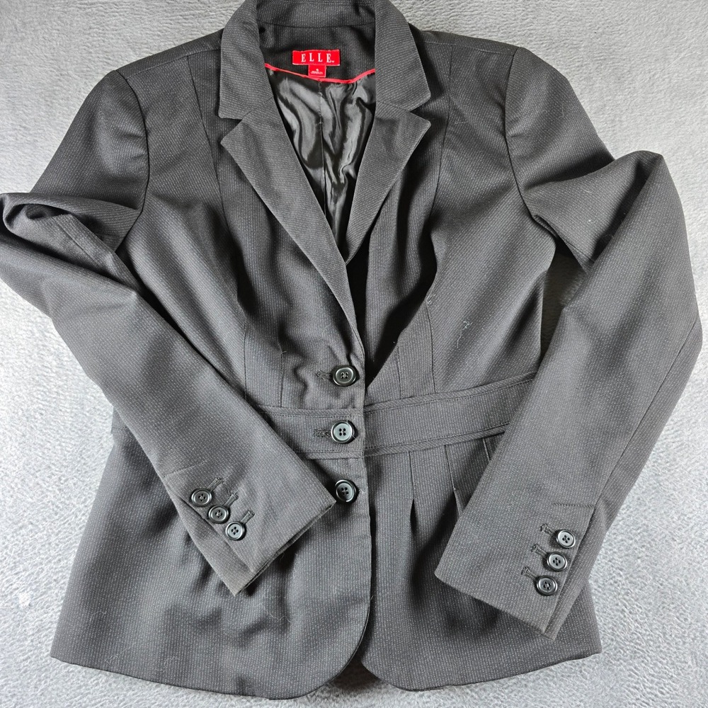 ELLE Blazer Womens 4 Charcoal Grey Fine Pinstripe Peplum Pleated Waist Jacket